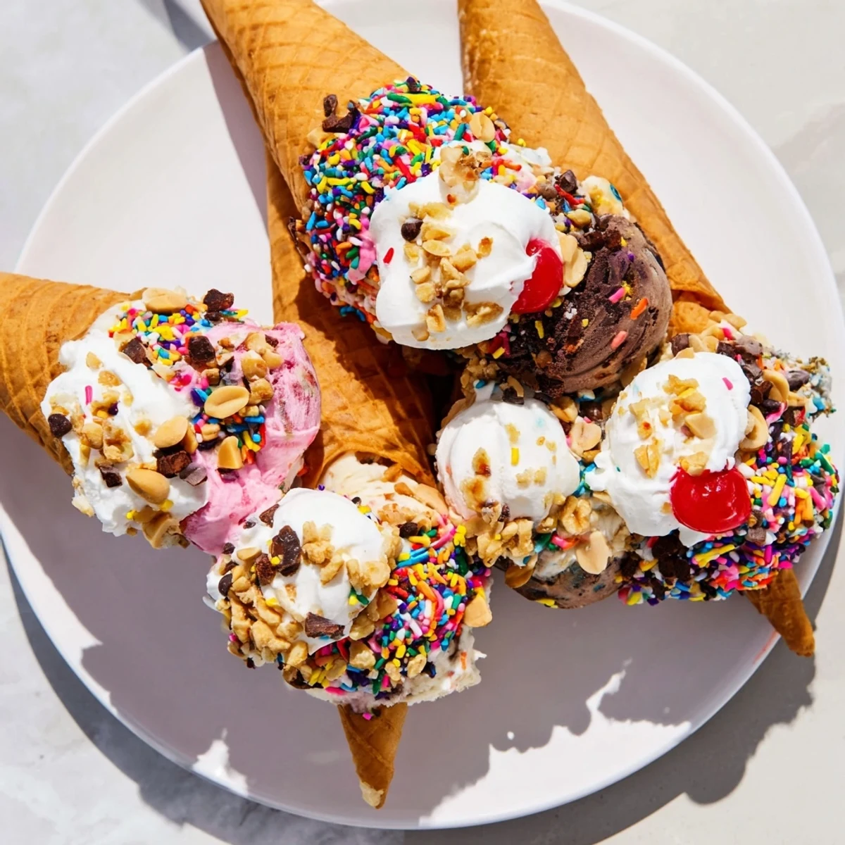 Vibrant Ice Cream Cone Grazing Board offering colorful cones and delightful sweet toppings to enjoy.