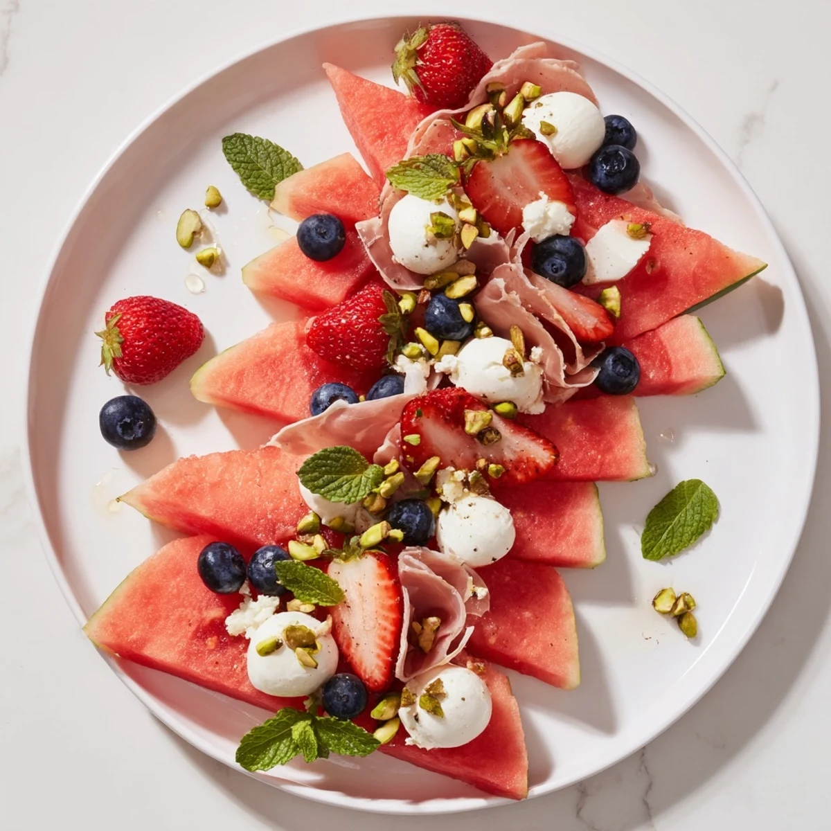 Refreshing summer Watermelon Slice Charcuterie, showcasing juicy watermelon with fresh berries and cheese.
