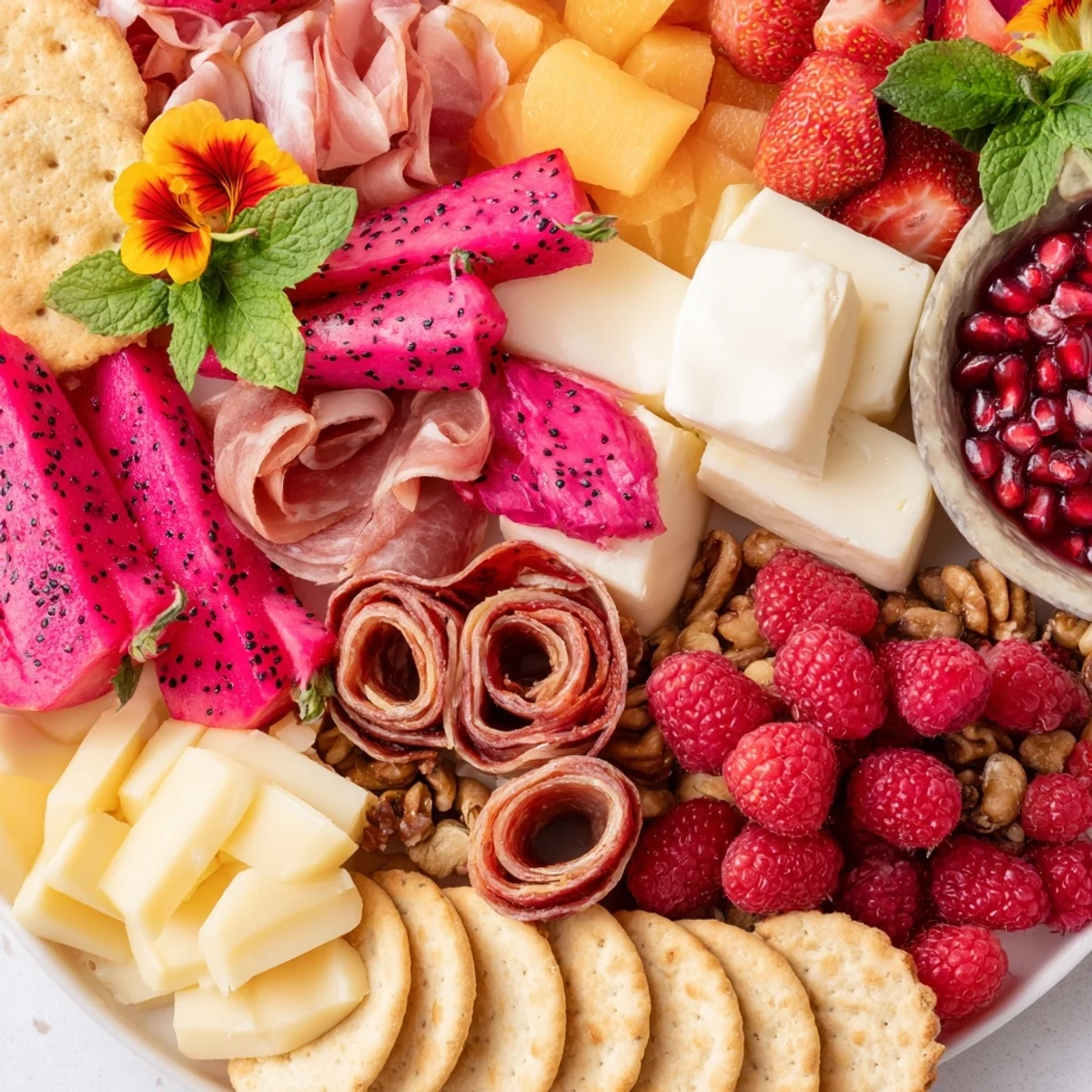 This visually stunning Flamingo Paradise Board offers a delicious spread of fresh fruits, cheese, and meats.