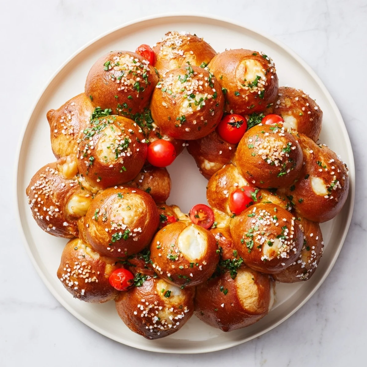 Golden pretzel joy wreath appetizer ring, bubbling with melted cheese, and ready for sharing at a gathering.