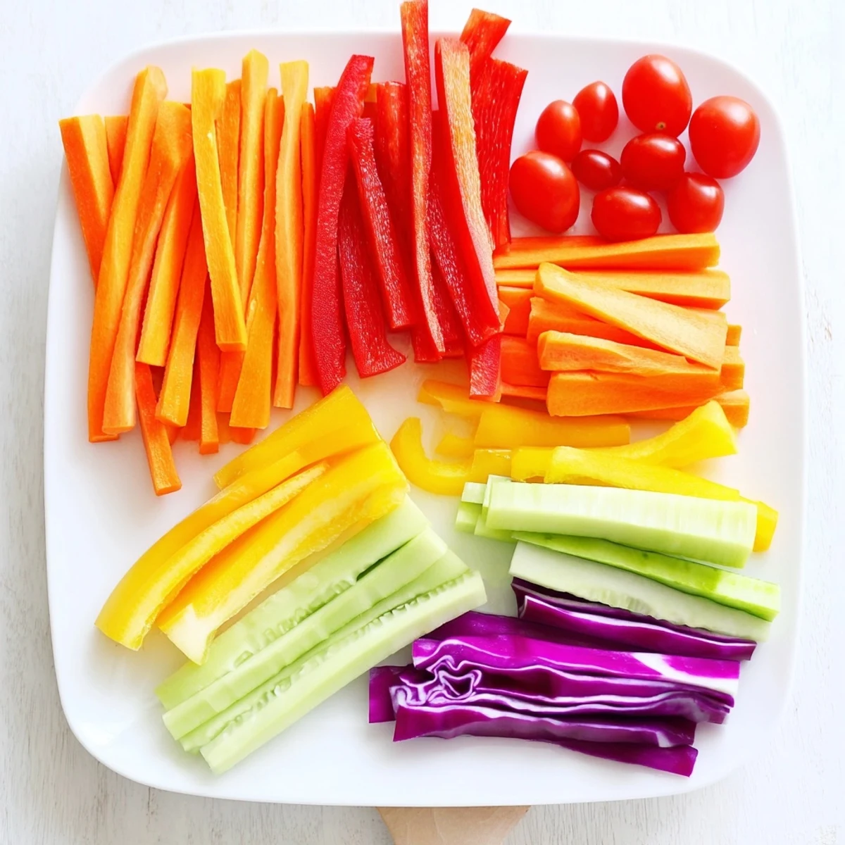 Vivid Rainbow Arch Bright Veggie Sticks arranged in a rainbow, ready to dip in creamy hummus.