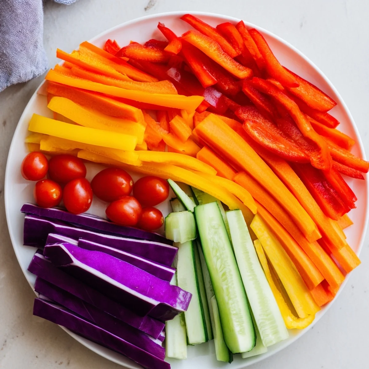 Fresh, colorful Rainbow Arch Bright Veggie Sticks, a healthy and visually stunning party appetizer.