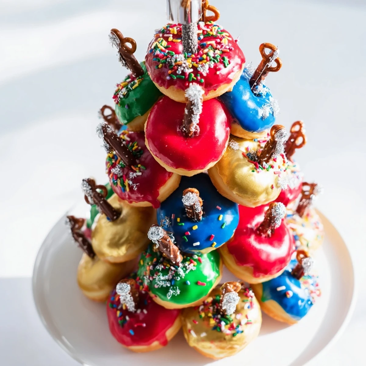 Festive donut stack Christmas ornament tower, adorned with colorful frosting and sparkling sprinkles for holiday dessert.