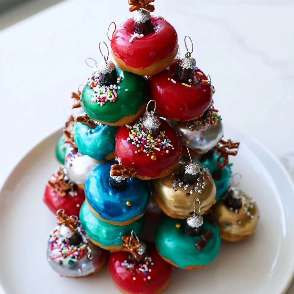 A mouthwatering donut stack Christmas ornament tower, featuring glazed donuts and edible candy decorations, ready to eat.