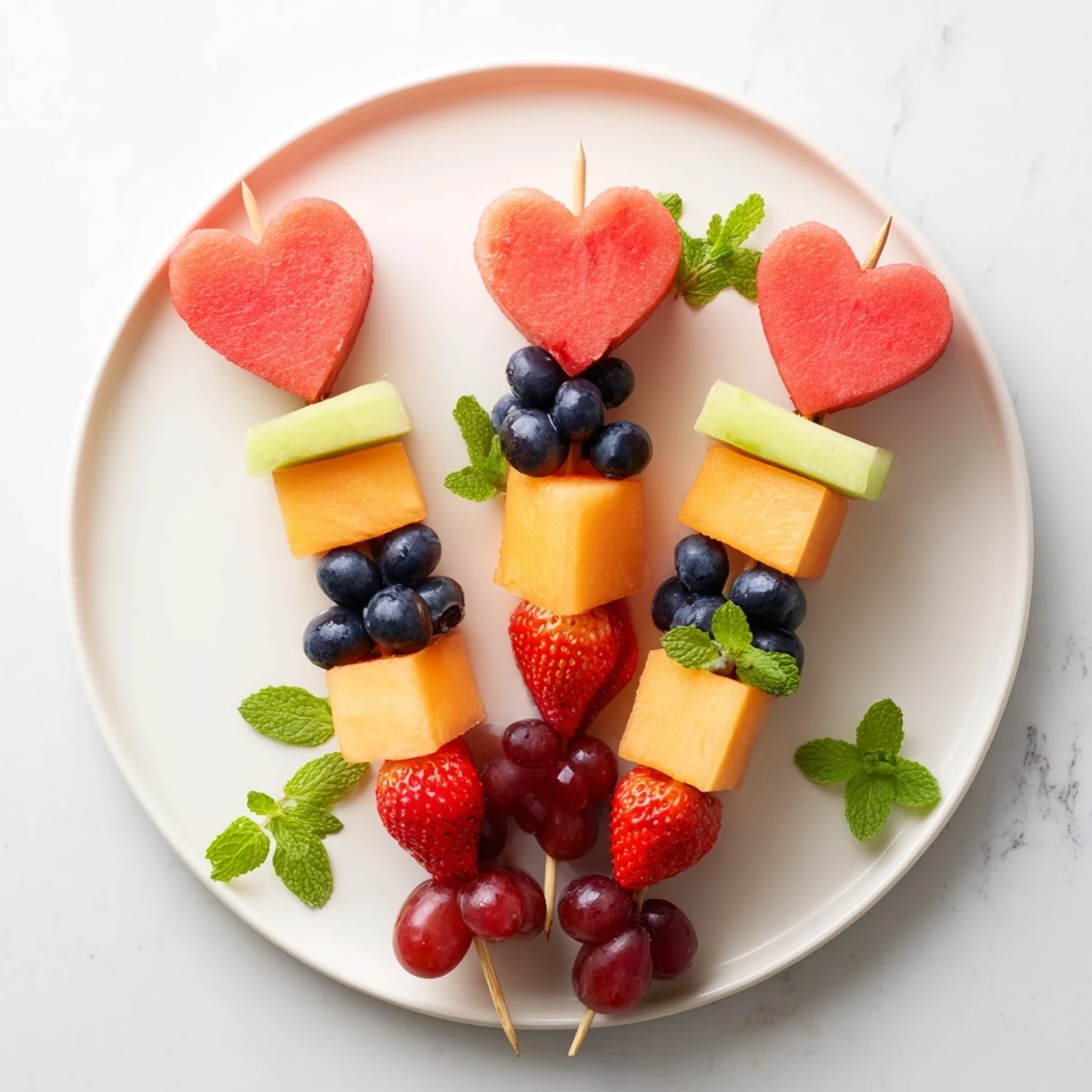 Fresh and colorful Berry Good Heart Fruit Skewers ready to eat with a sprig of mint on top.