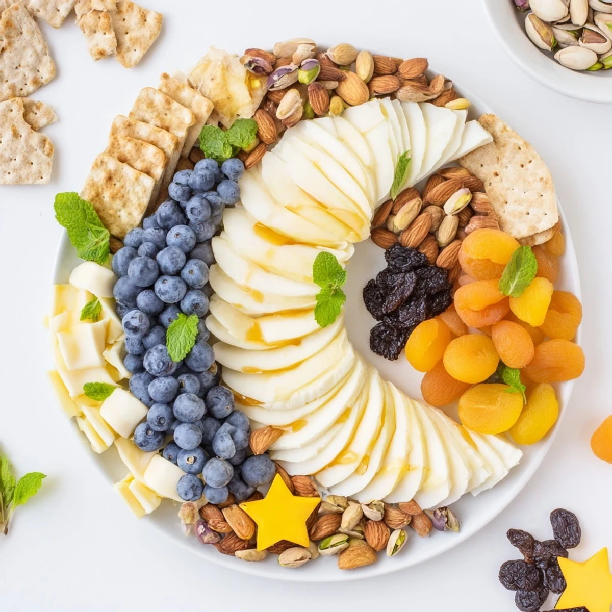 Beautiful Crescent Moon Midnight Snack Board, full of cheese, fruits, and nuts, perfect for sharing.