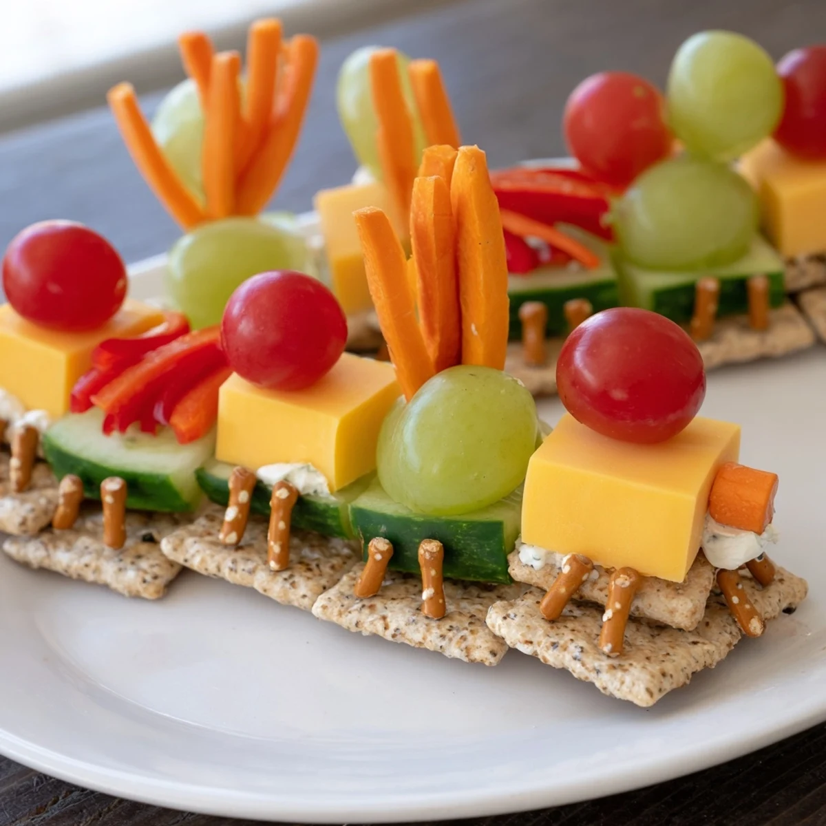Brightly arranged Choo Choo Train Snack Track with crackers, cheese, and vibrant fruit for kids' parties.