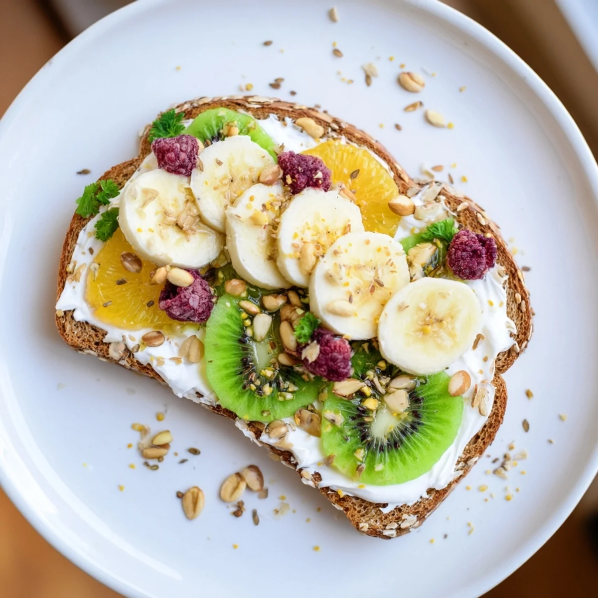 Morning Sun Breakfast Toast featuring colorful fruits and seeds for a delicious, healthy start.