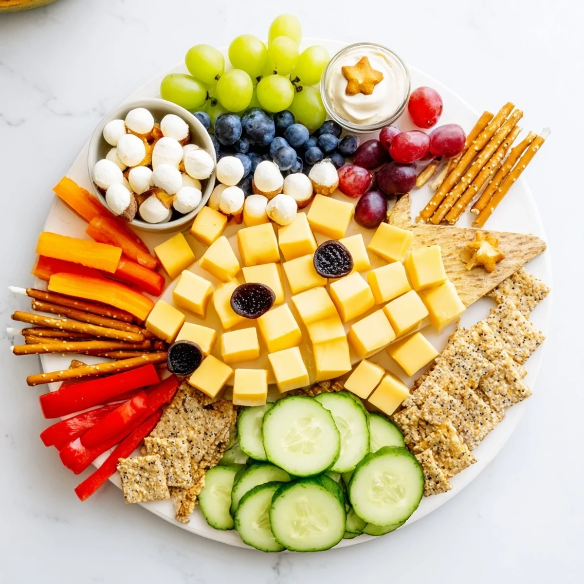 Spaceship Launch Snack Board: a colorful, fun appetizer featuring cheese, fruits, and veggies arranged playfully.