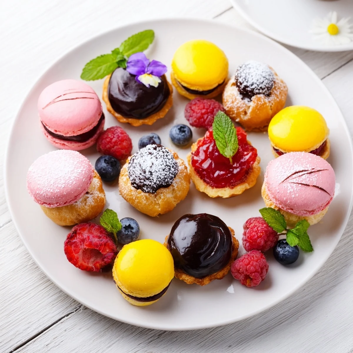 A close-up view of the exquisite Montgolfière dessert platter, beautifully garnished for a special event.