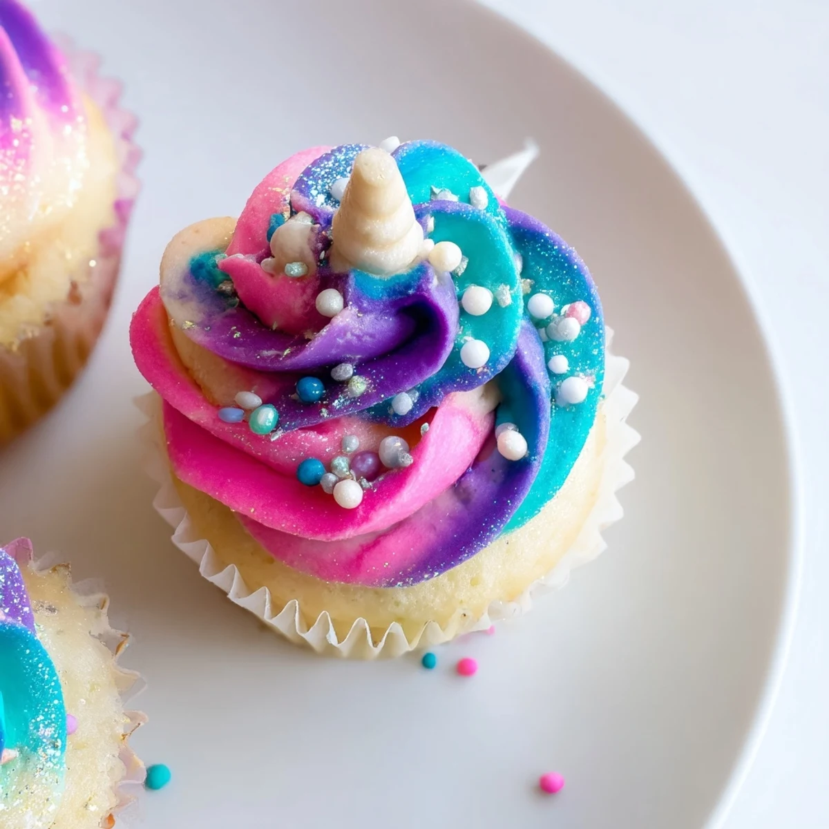 Vibrant Magical Unicorn Dessert Table overflowing with colorful cupcakes, cookies, and meringues for all.