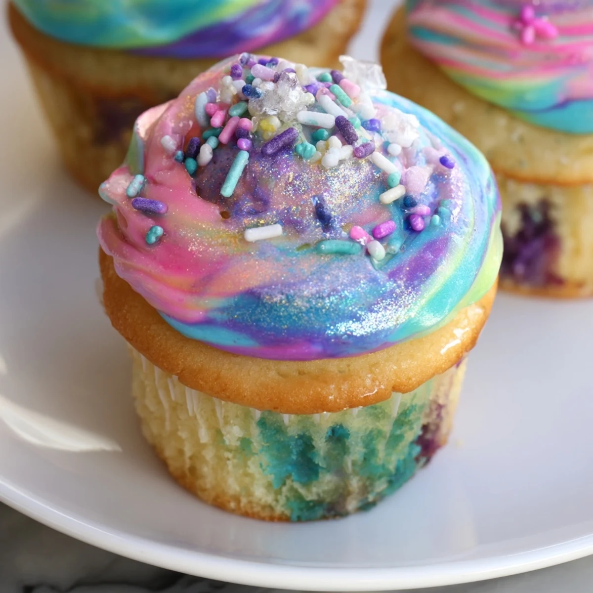 A close-up of a whimsical Magical Unicorn Dessert Table featuring frosted treats and edible glitter sparkles.
