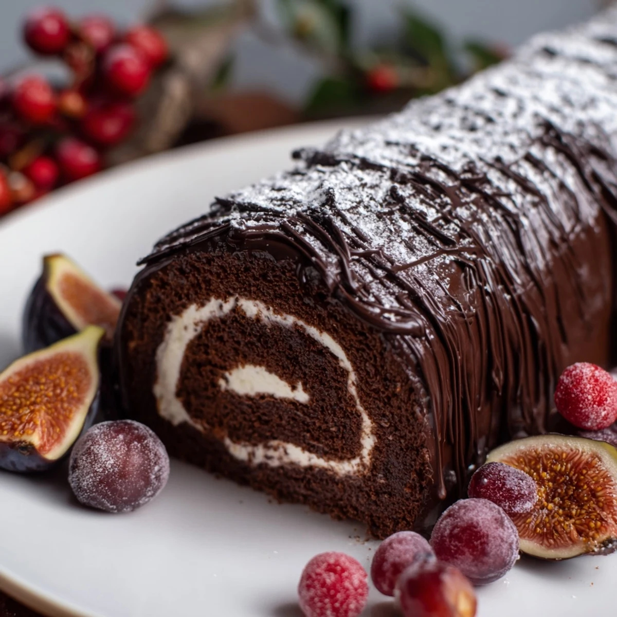 Festively arranged Winter Warmer board: rich chocolate roulade alongside gingerbread, figs, and sugared cranberries.