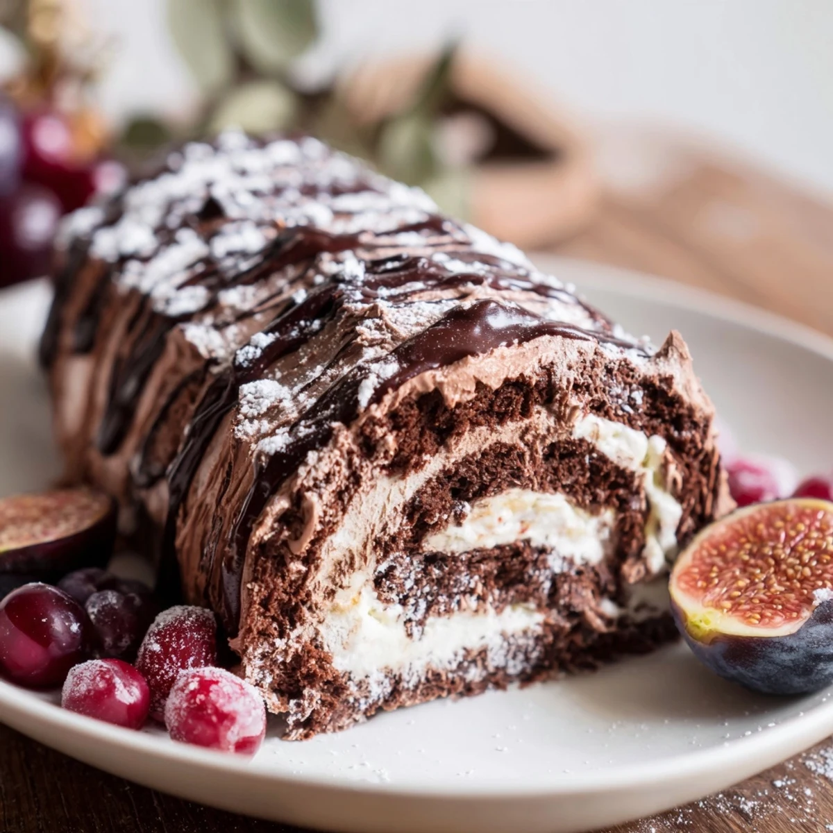 Winter Warmer dessert board with a rich chocolate roulade and festive treats: a cozy holiday spread.