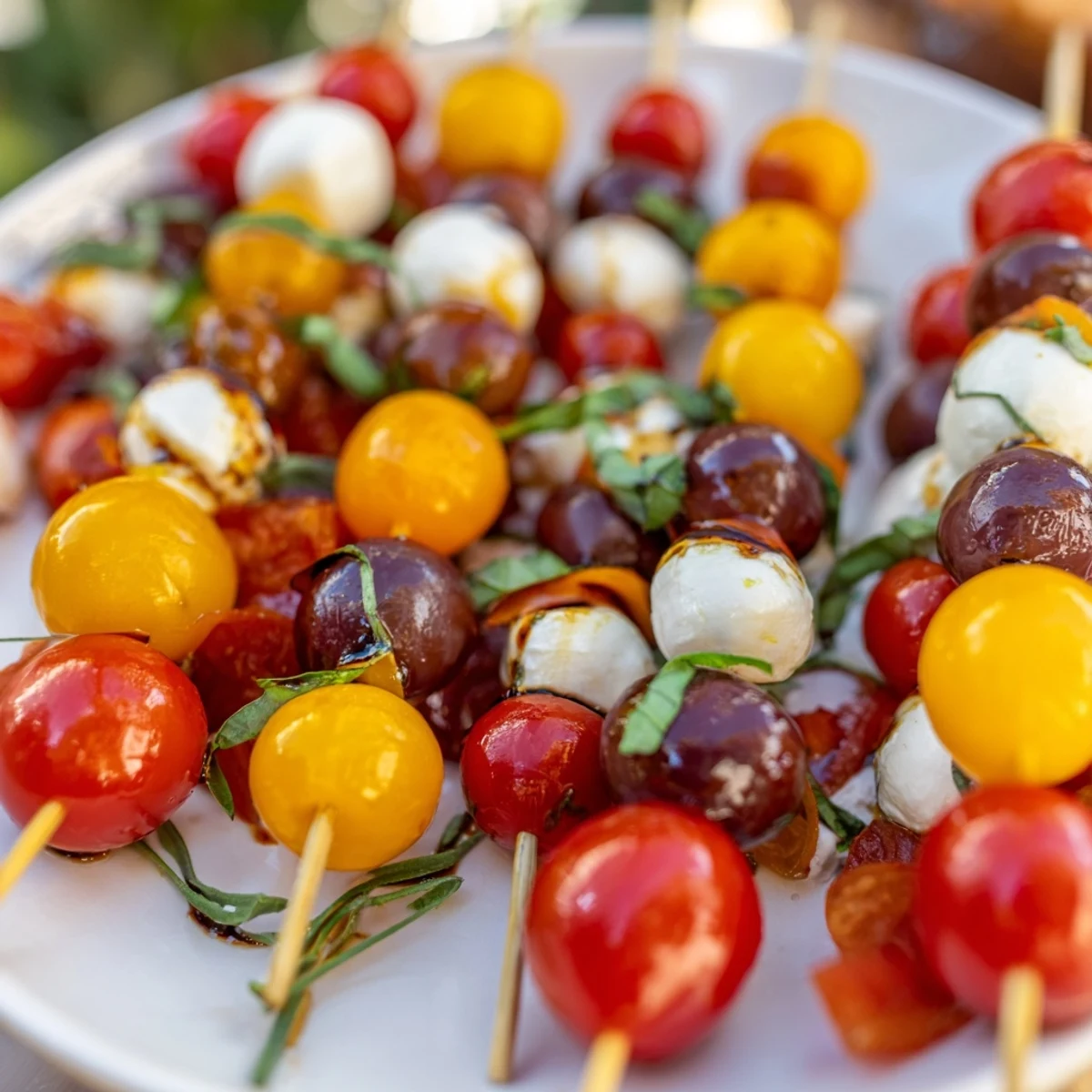 Vibrant Christmas Lights Olive and Tomato Skewers on a platter, ready for your holiday party.