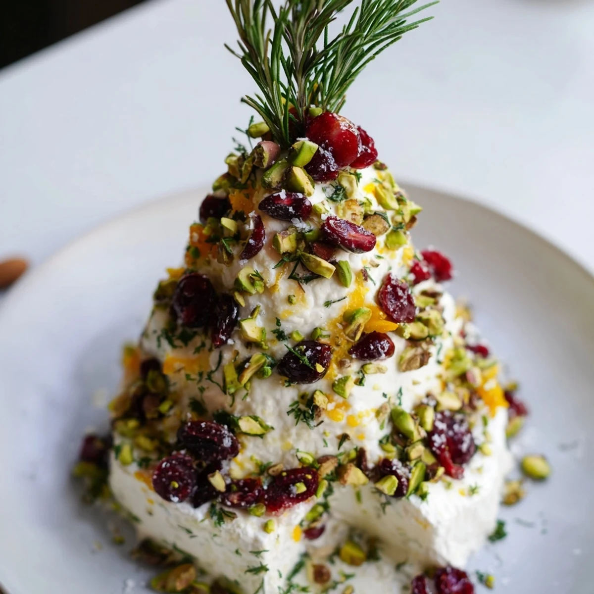 Creamy Rosemary Cranberry Christmas Tree appetizer, a delicious mix of cheese and sweet-tart flavors, decorated festively.