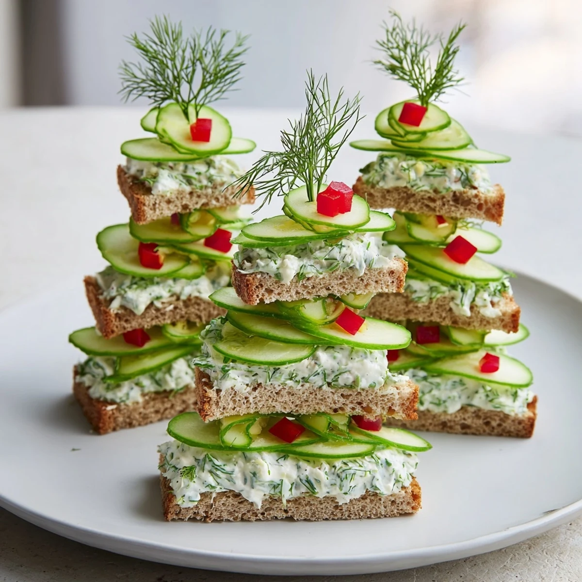 Cucumber and Cream Cheese Tree Stacks feature vibrant cucumber atop creamy, herbed cream cheese, a delightful appetizer.