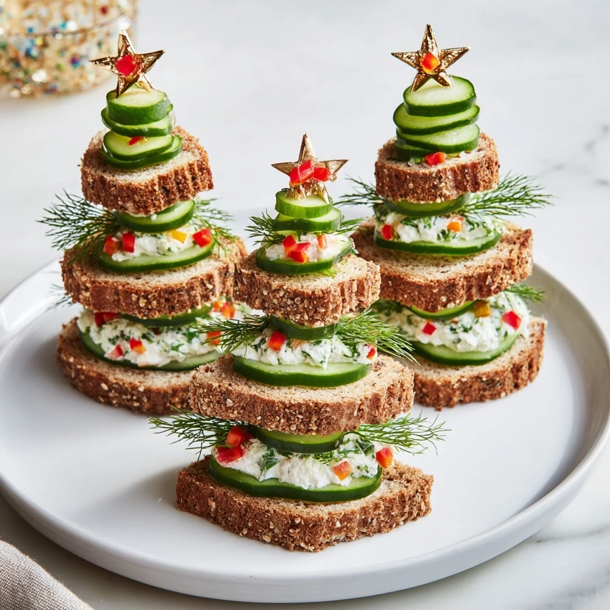 Festive Cucumber and Cream Cheese Tree Stacks appetizer, featuring mini bread trees, showcasing sliced cucumbers, and colorful garnishes.