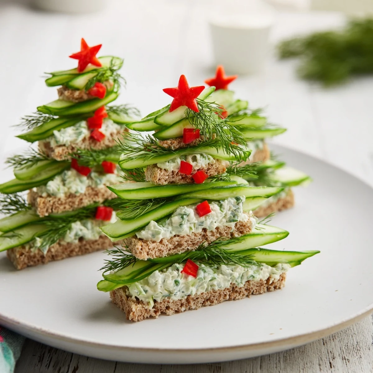 Freshly made Cucumber and Cream Cheese Tree Stacks: a close-up shows layered cucumbers on cream cheese, ready to eat.