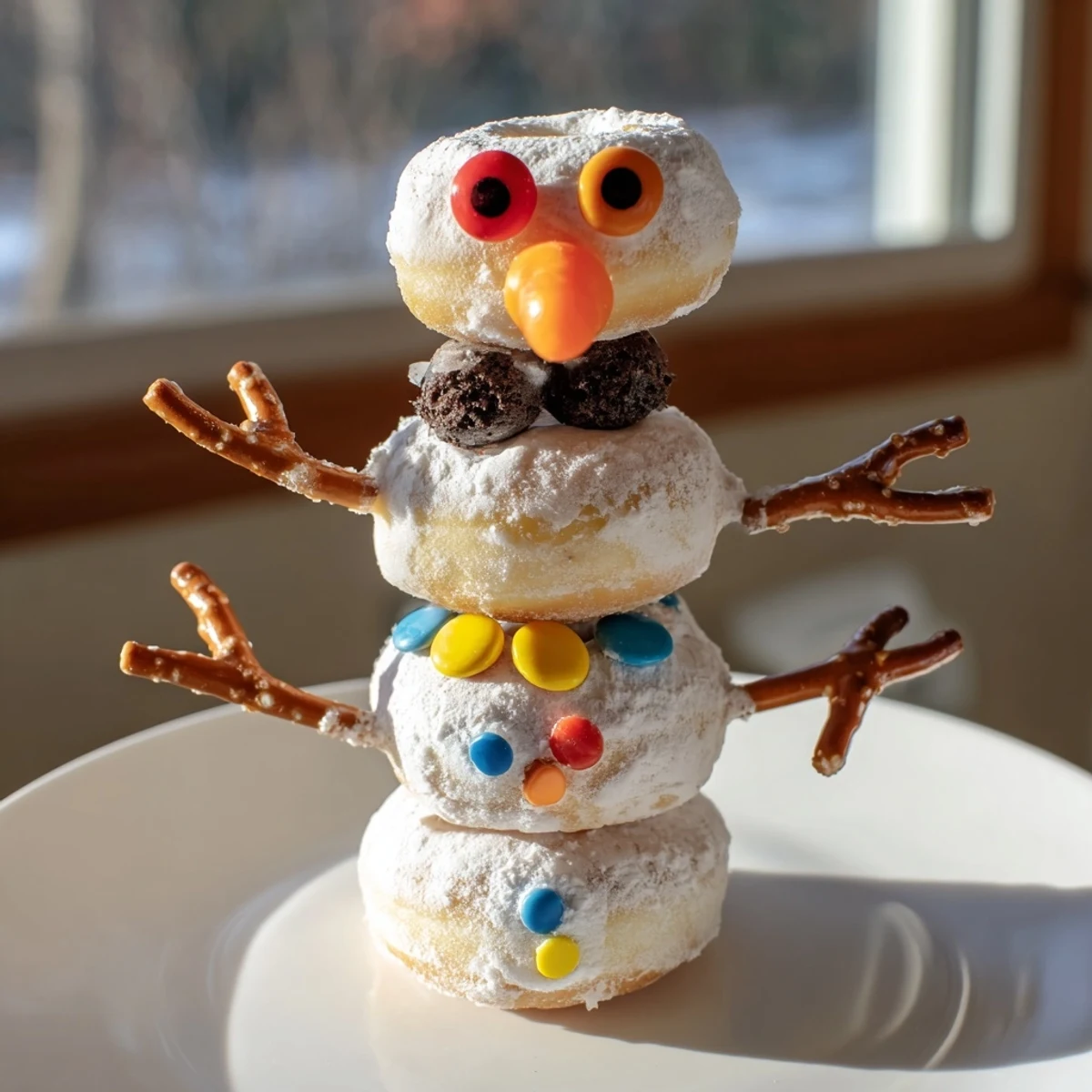 A close-up of finished mini donut snowman stacks, ready for a winter dessert party.