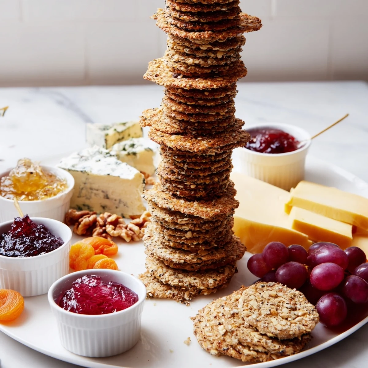 Gourmet Crackers arranged in a beautiful tower, with colorful preserves and fruits for serving.