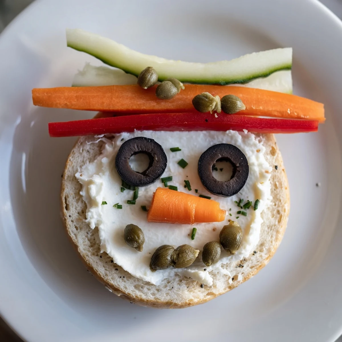 Snowman mini bagel sandwiches with smiling olive faces, ready for a kid-friendly lunch.