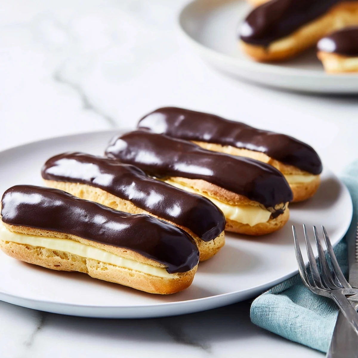 Close-up of sweet mini chocolate éclairs, showcasing the creamy filling and chocolate topping.