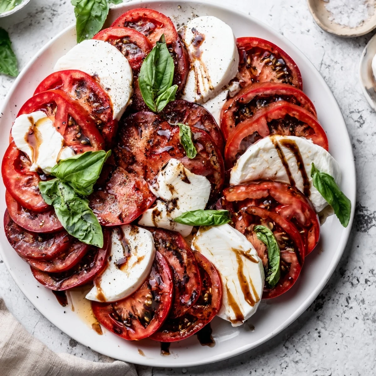 Close-up of vibrant Sliced Tomatoes and Mozzarella Rounds, a colorful, simple Italian salad, ideal for summer.