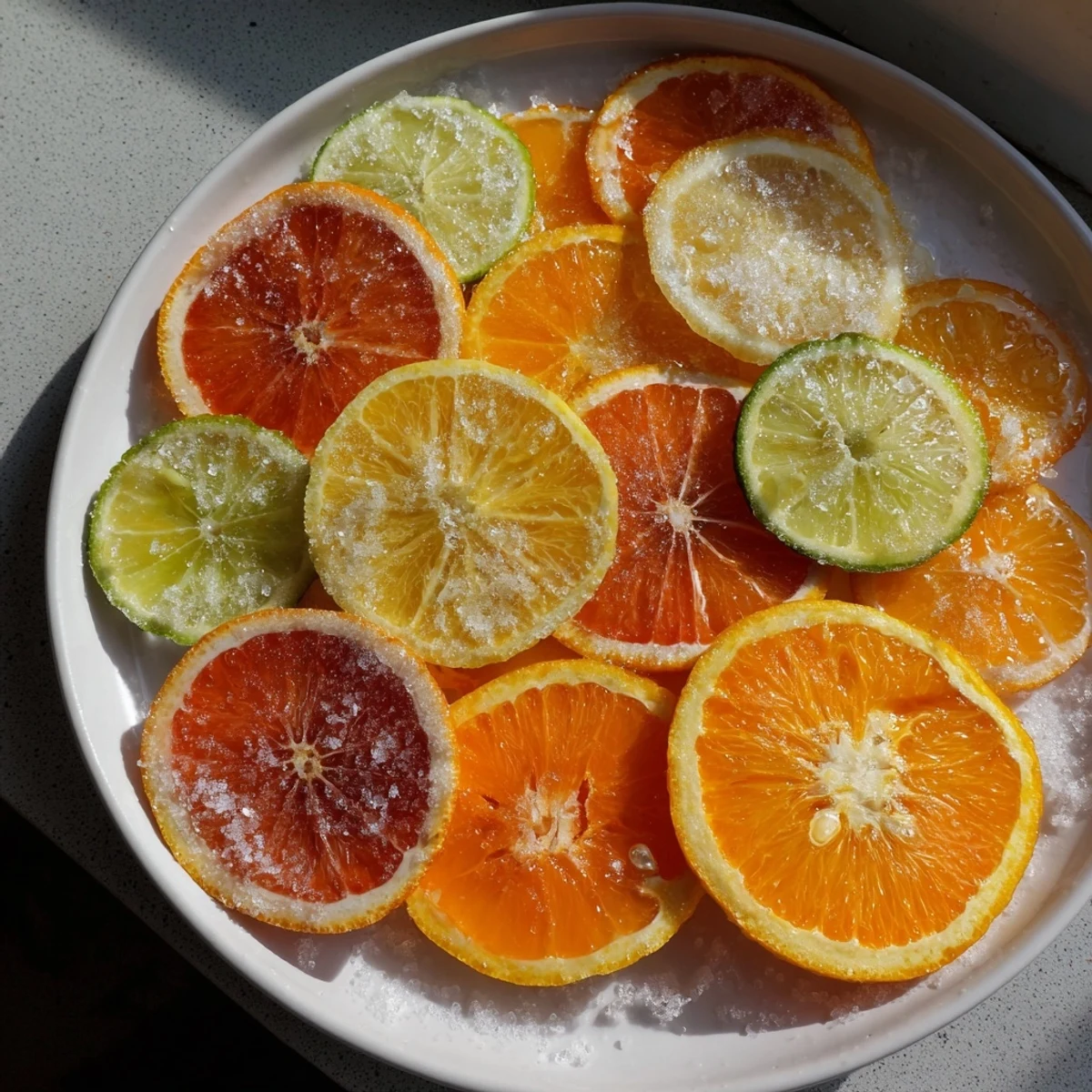 Vibrant, colorful citrus slices arranged, ready to garnish mocktails for a refreshing presentation.