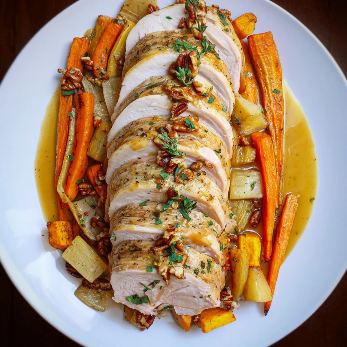 Overlapping rings of roasted vegetables and turkey compose this beautiful Chains of the Mayflower dish.