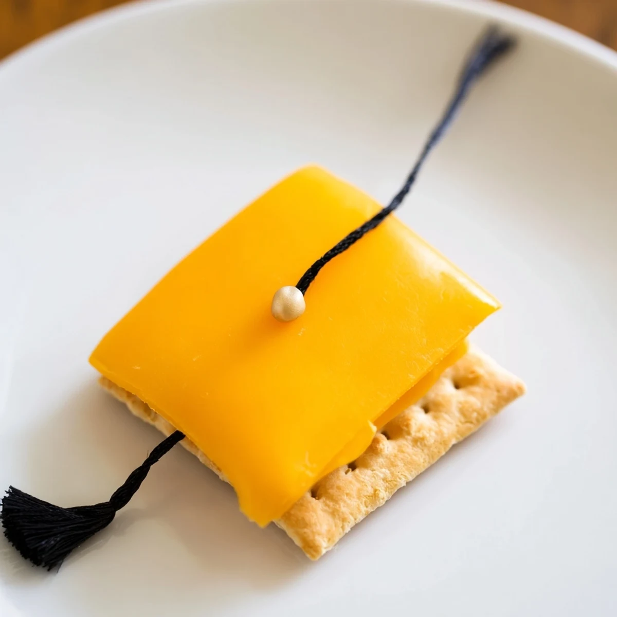 Festive Graduation Cap Snacks arrangement, showing cheese squares with licorice tassels ready to enjoy.