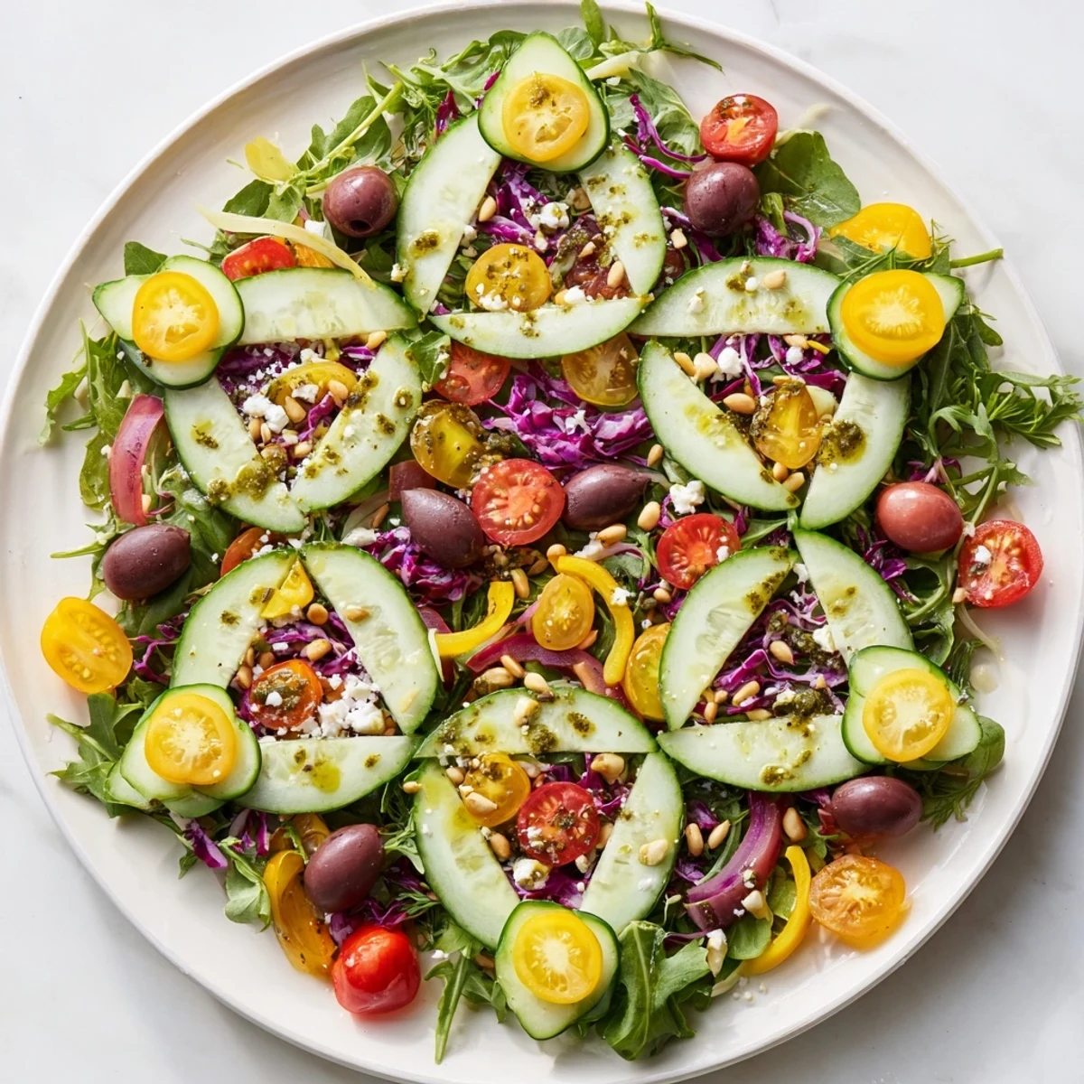 Detailed view of a beautiful Star of David Salad Platter bursting with Mediterranean flavors and textures.
