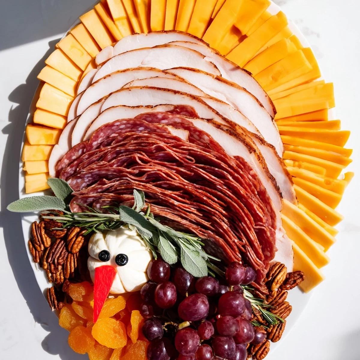 Thanksgiving-themed turkey tail appetizer, visually stunning with salami, grapes, and crackers.
