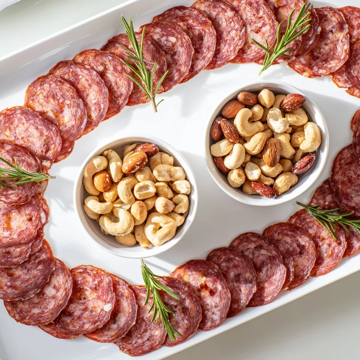 Intriguing The Infinity Loop appetizer: salami weaves around bowls of nuts, ready for a delightful bite.