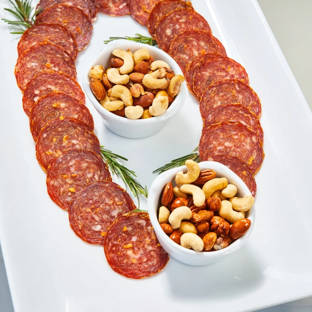 Visually stunning The Infinity Loop: cured salami and nuts create a playful, stylish appetizer for guests.