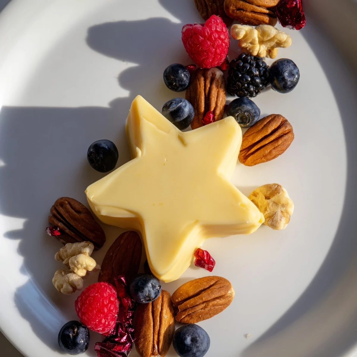 A visually-appealing Shooting Star Cheese Board, with a cheese star and flowing berries and nuts.