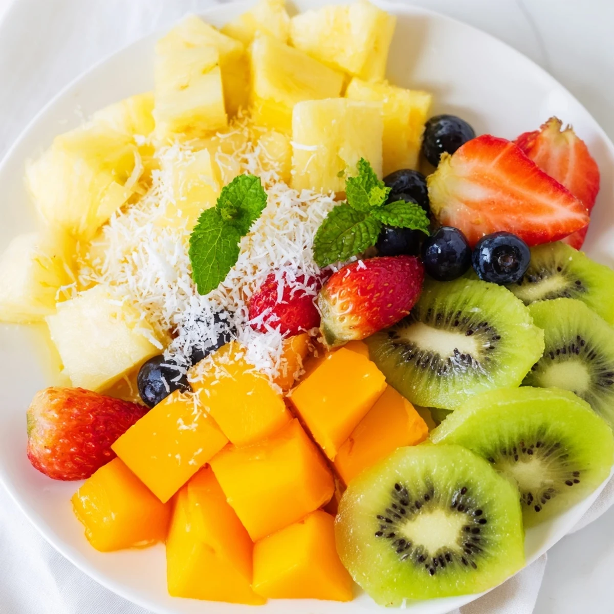 Fresh, juicy pineapple chunks alongside vibrant kiwi and mango make this Tropical Pineapple Platter irresistible.