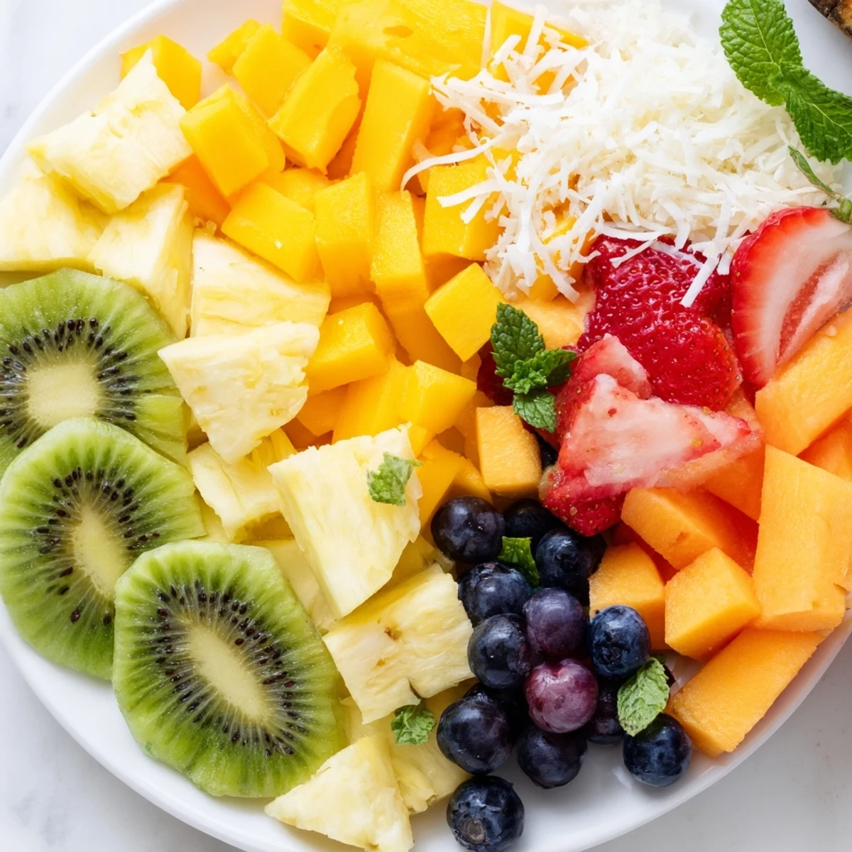 This colorful Tropical Pineapple Platter showcases ripe fruits arranged beautifully, ready for a healthy dessert.