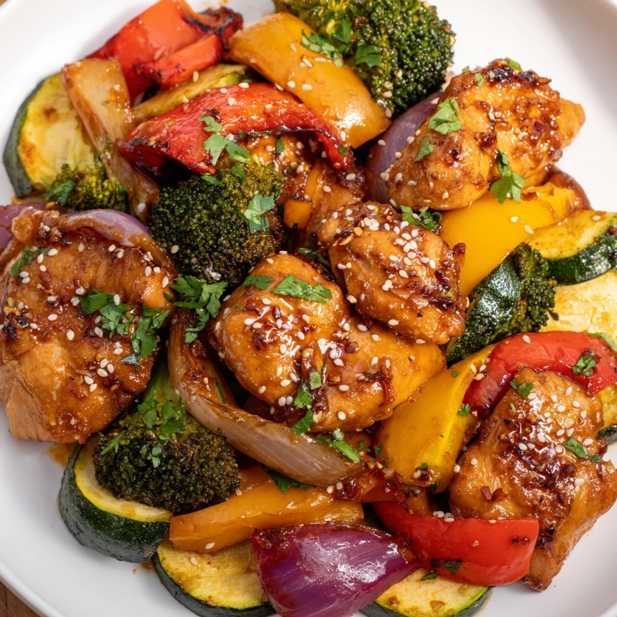 Golden, glazed Spicy Honey-Garlic Chicken Sheet Pan alongside colorful roasted vegetables, a complete meal.