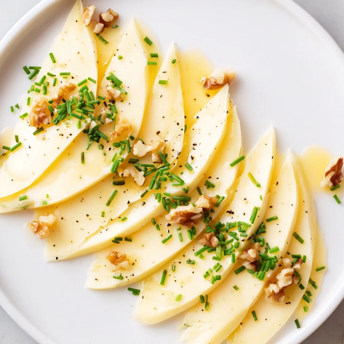 Artfully arranged Swiss cheese slices form a beautiful appetizer fan ready to enjoy.