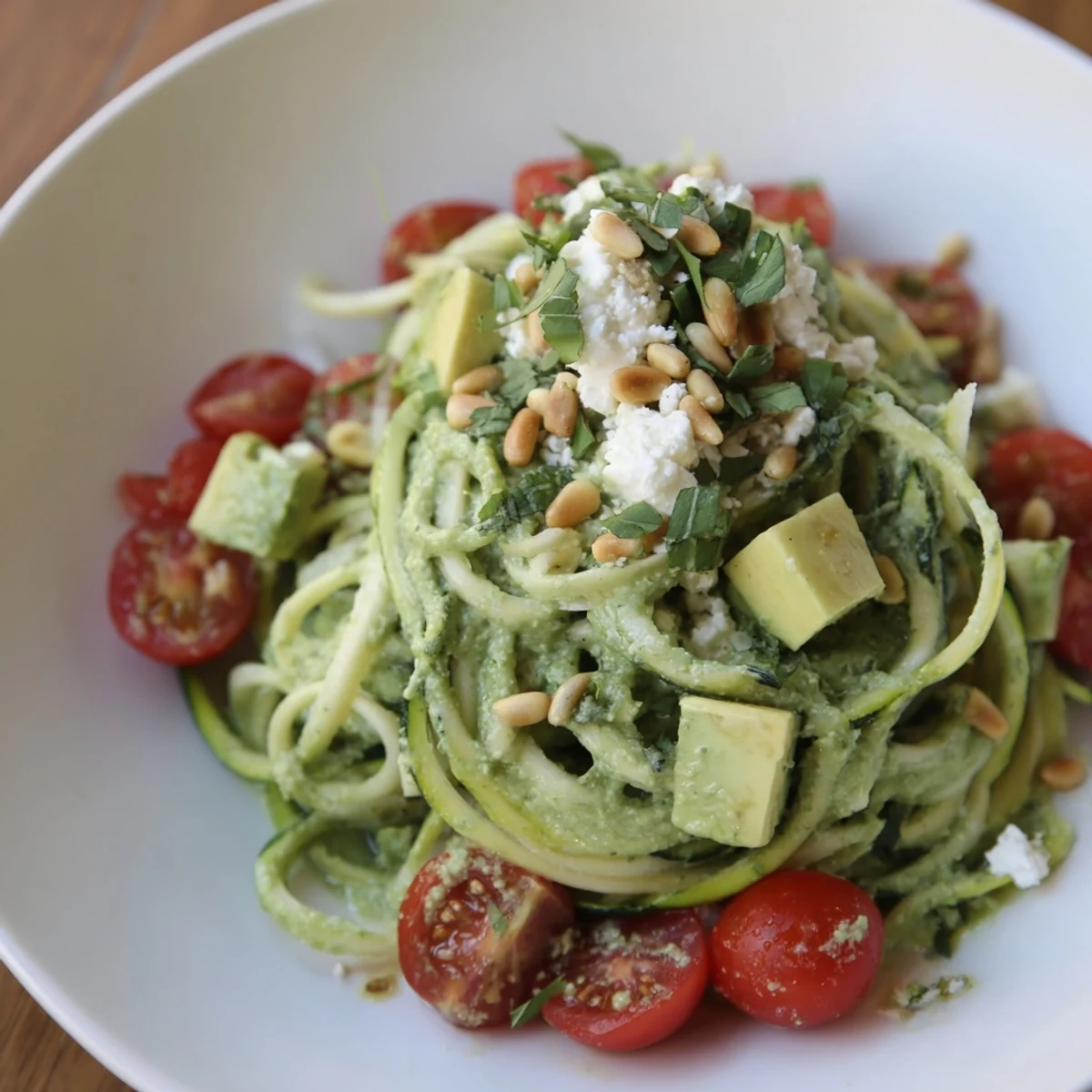 Vibrant bowl of Green Goddess Zoodle Pasta, garnished with toasted pine nuts, ready to enjoy.