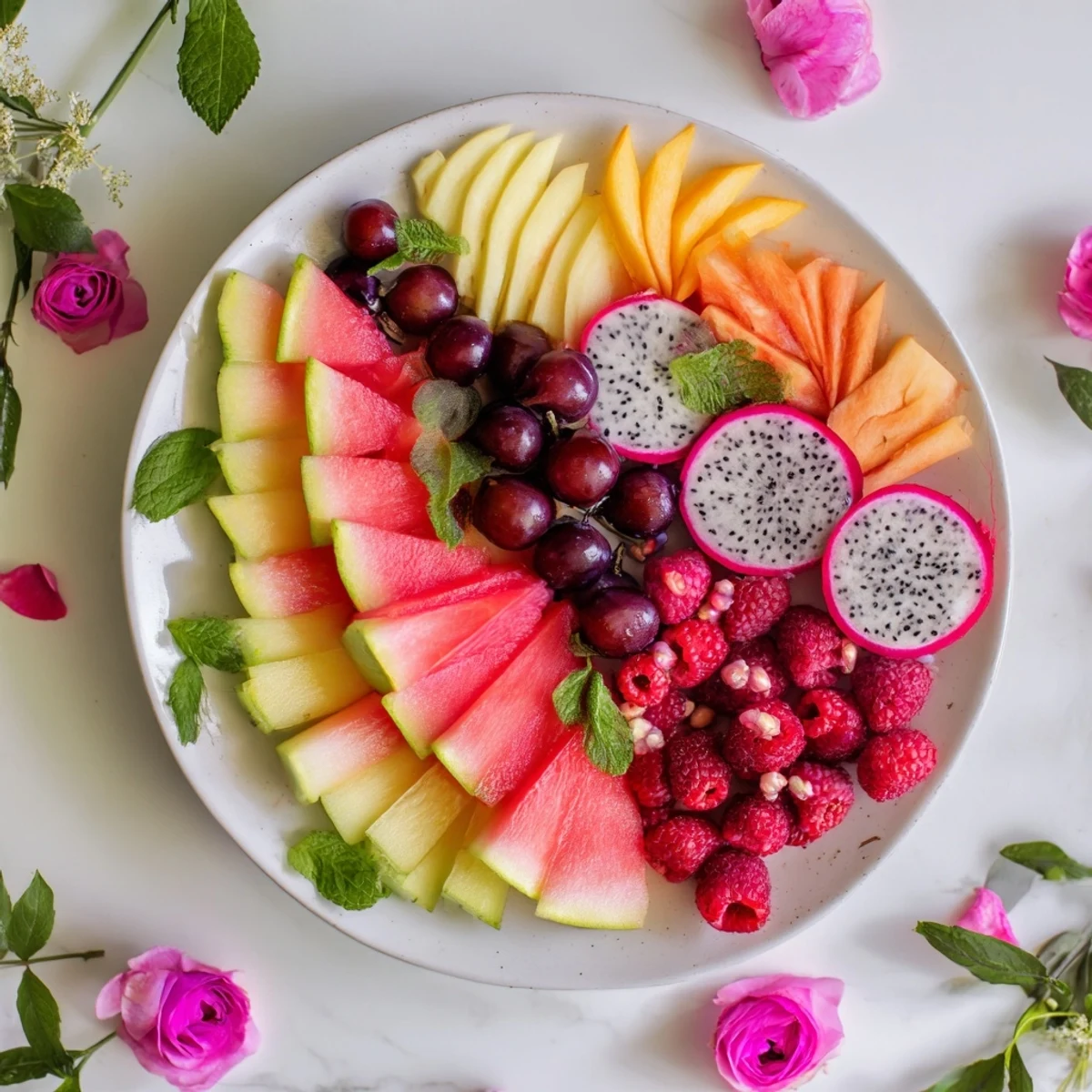 Vivid Pomegranate Pivot arrangement: a visually appealing array of red, pink, and white fresh fruits.