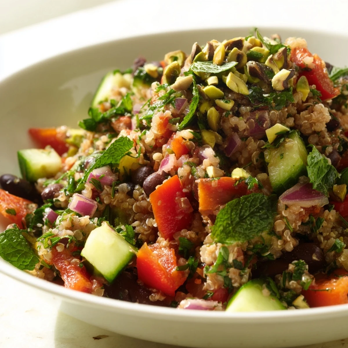 A refreshing close-up of a vibrant Dense Bean Salad with Dubai Chocolate Notes, ready to serve.