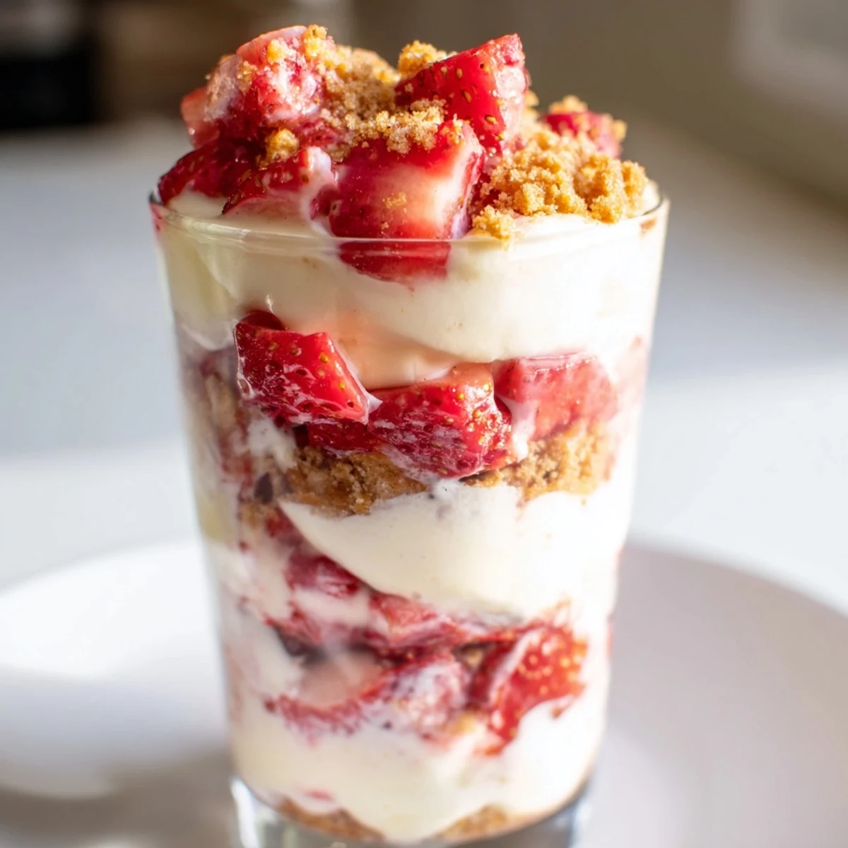 A refreshing close-up of a Strawberry Cheesecake Parfait, bursting with fresh berry flavor and crunchy crumble.