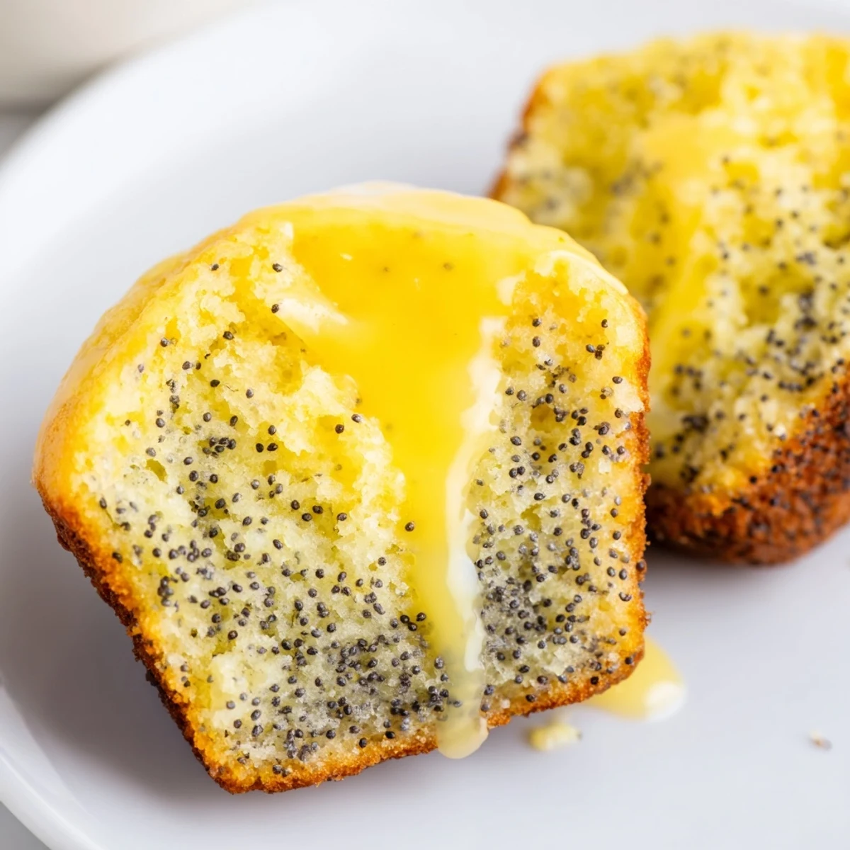 Freshly baked lemon poppy seed muffins drizzled with sweet lemon glaze, ready to enjoy with a cup of tea.