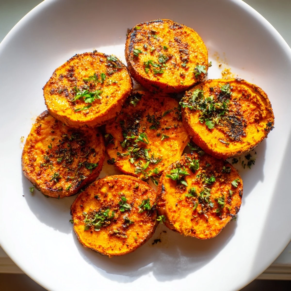 Oven-baked Cajun roasted sweet potatoes with crispy edges, inviting aroma of Cajun spices, perfect serving.