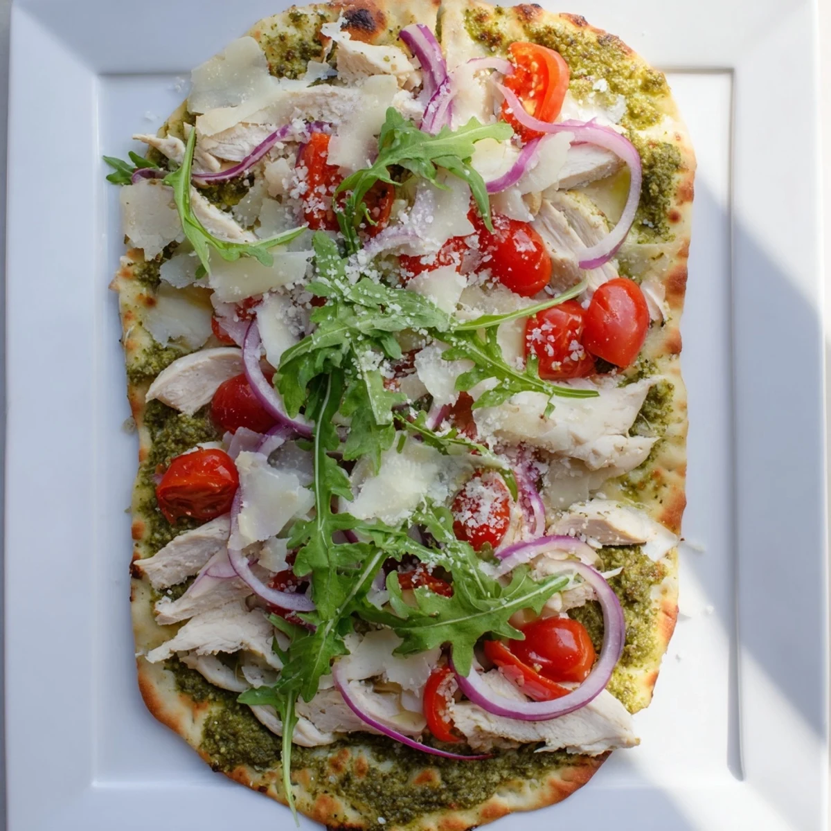 Golden, bubbly Pesto Chicken Flatbread with mozzarella, tomatoes, and red onion, a delightful Italian meal.