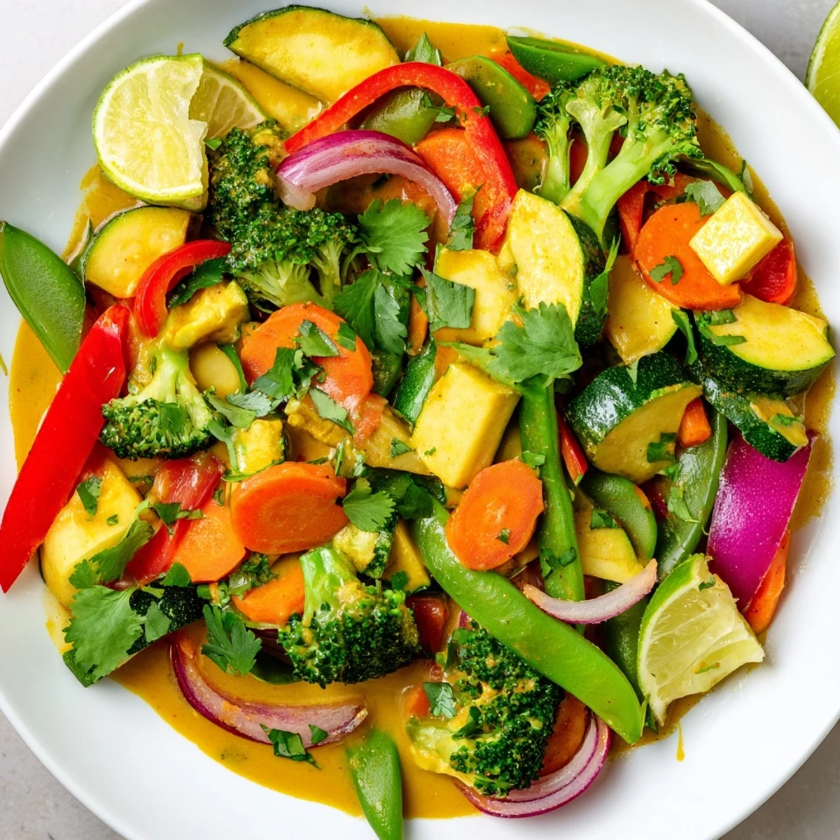 Steaming coconut curry vegetables, a colorful vegan dish, garnished with fresh cilantro and lime.