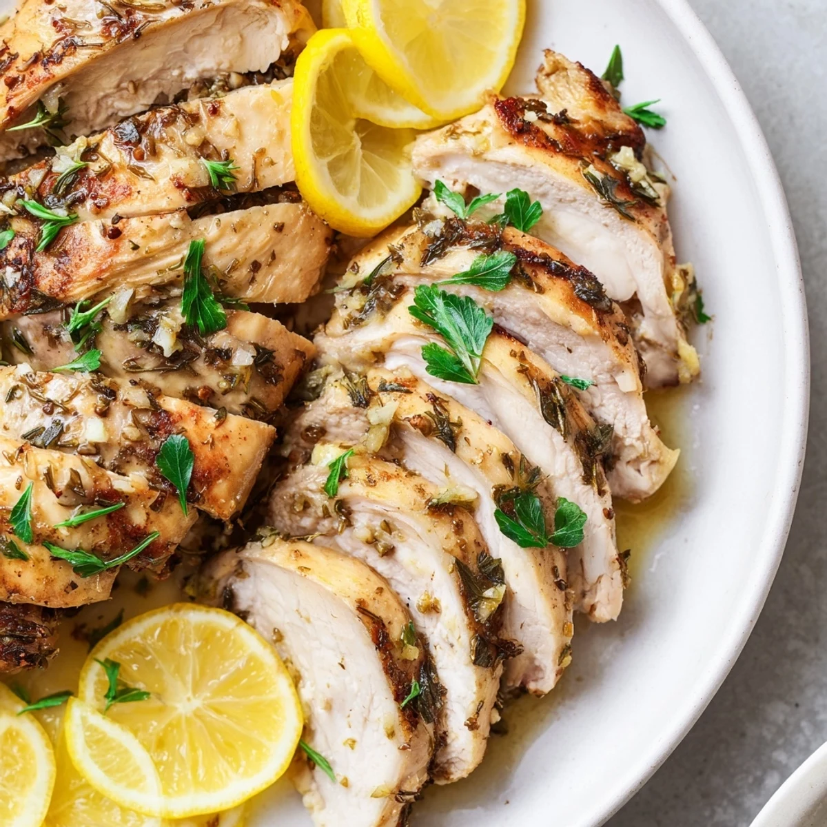 Golden, baked Greek Lemon Herb Chicken, glistening with flavorful marinade and herbs, ready to serve.