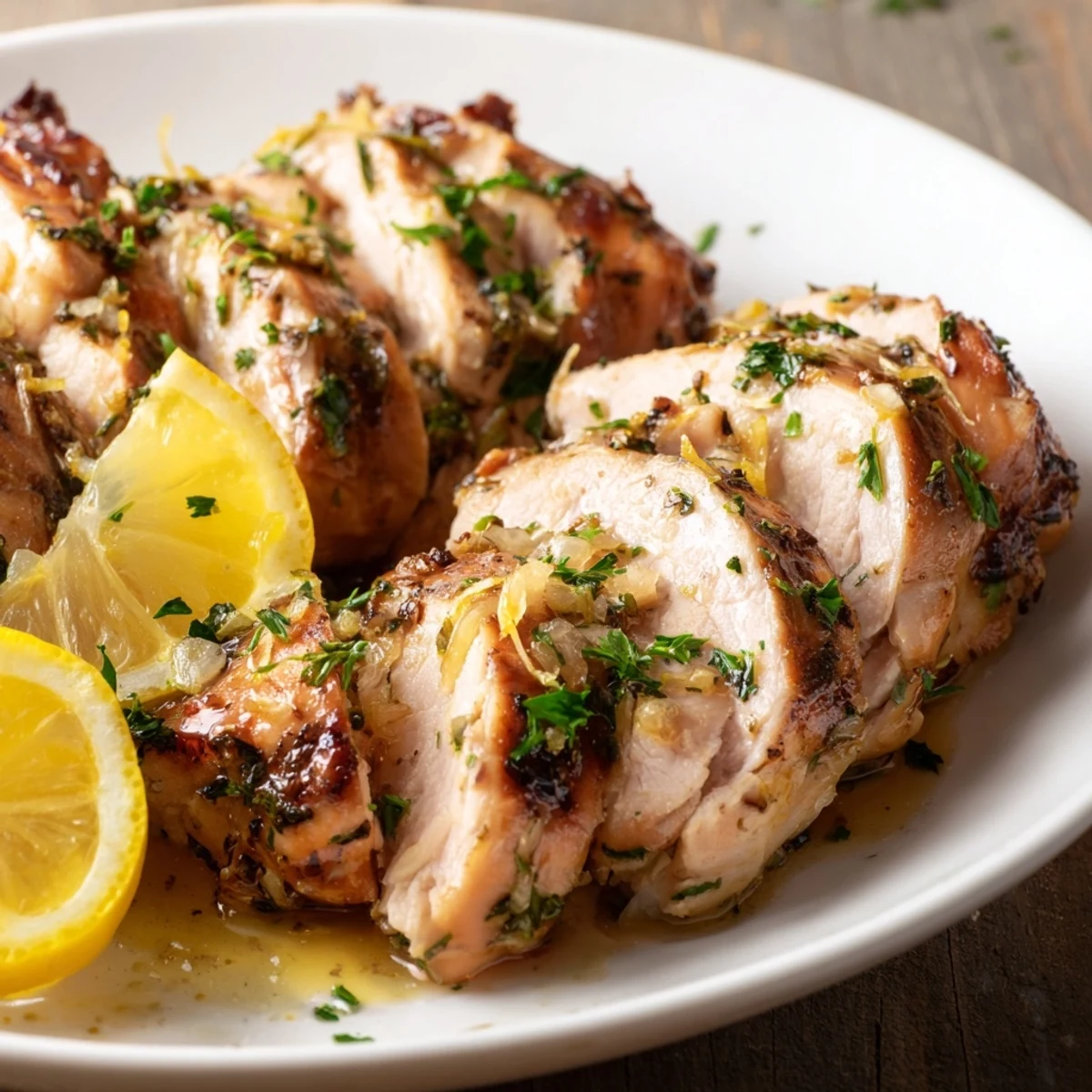 Juicy Greek Lemon Herb Chicken alongside fresh lemon wedges, offering a bright and zesty flavor.